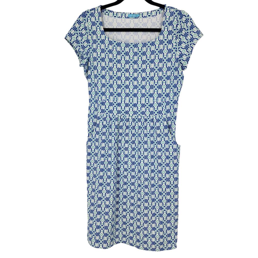 J. McLaughlin Blue and White Pockets Short Sleeve Swing Dress Size Small